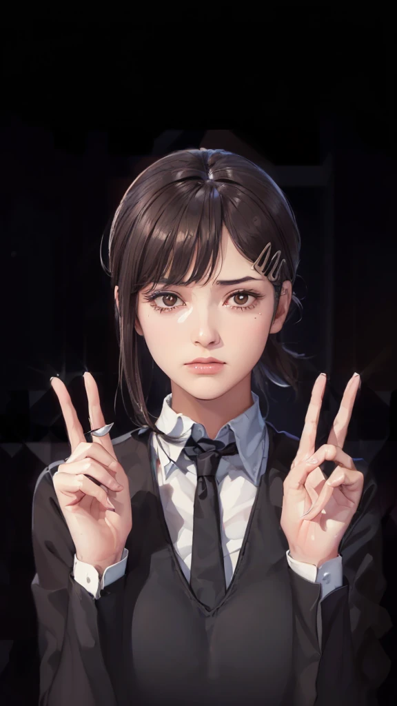 (((Perfect body,White and tender skin,(((Black strap dress, black long bow tie, white lining, black hat))),(((kobeni higashiyama, black hair, hair ornament, hairclip, ponytail, short hair, (brown eyes:1.5),))),((masterpiece)),highres,((Best quality at best)),masterpiece,quality,Best quality,((( Exquisite facial features,Looking at the audience,There is light in the eyes,(((frown,Wronged))),Scissorhands))),(((Light and shadow,Huge breasts,))),(((Looking at the camera,White background))))