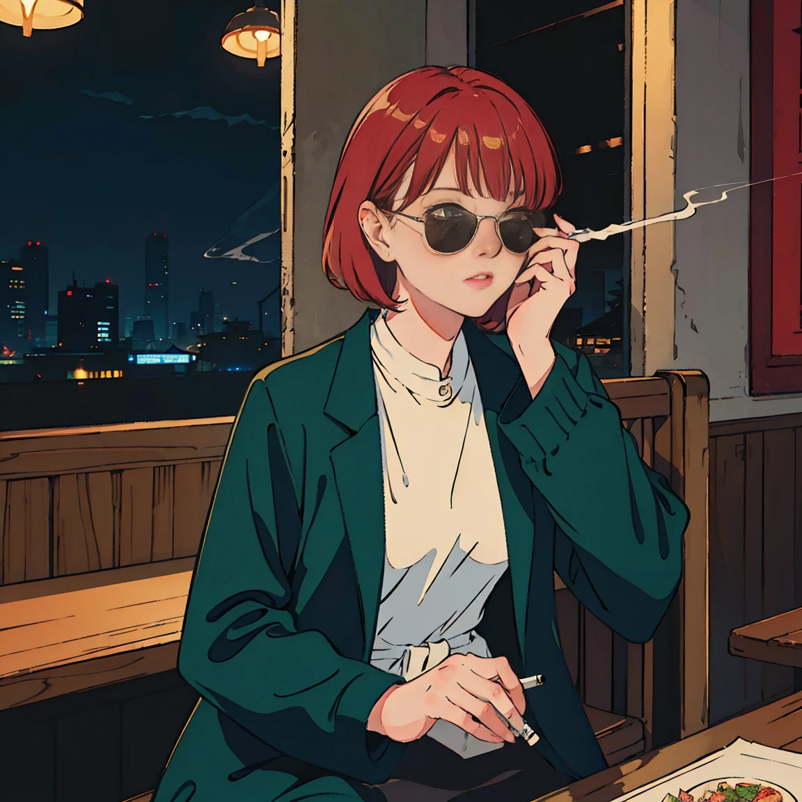 Beautiful redhead Asian girl sitting in a restaurant at night, Visible from the window, Perfect Face, sunglasses, Smoking white Taylormade cigarettes, Neon Black, (Backlight: 1.1), Hard Shadows, masterpiece, Highest quality, Complex, Model shooting style, Vintage, Film Grain, Incomplete details