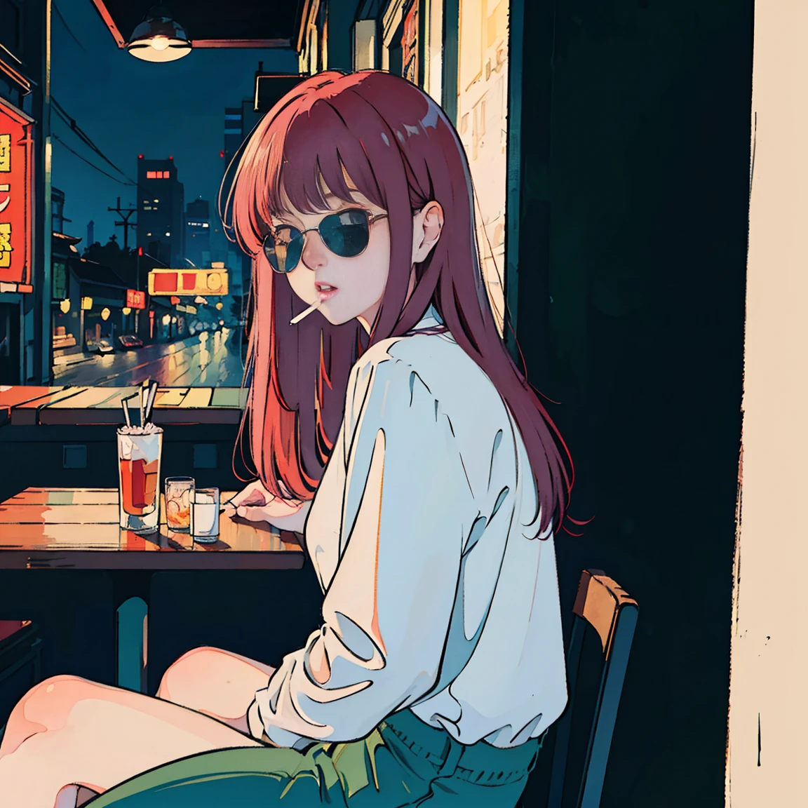 Beautiful redhead Asian girl sitting in a restaurant at night, Visible from the window, Perfect Face, sunglasses, Smoking white Taylormade cigarettes, Neon Black, (Backlight: 1.1), Hard Shadows, masterpiece, Highest quality, Complex, Model shooting style, Vintage, Film Grain, Incomplete details