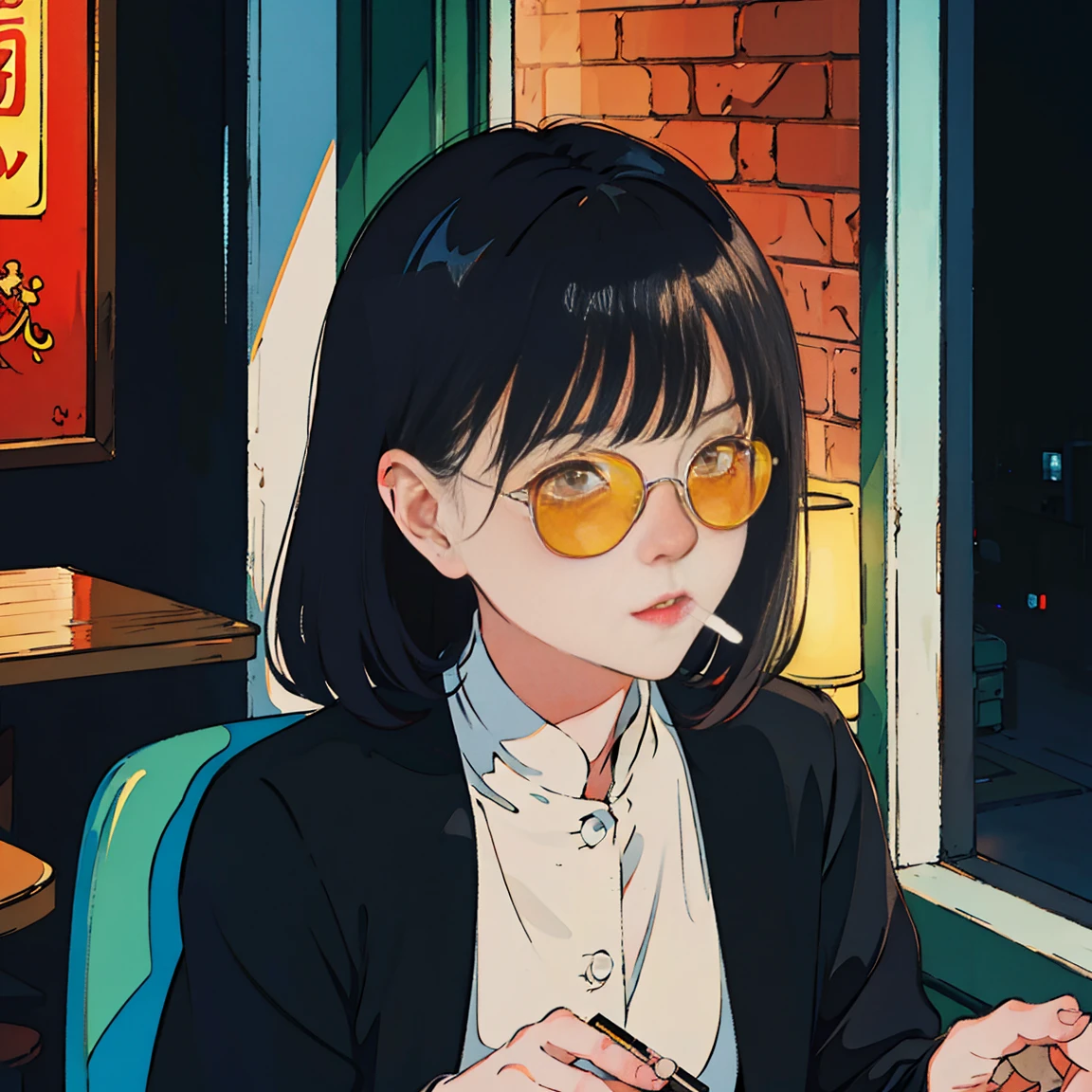 bar counter at night, beautiful asian girl, Night view from the window, face perfect, oculos de sol, Smoking white Taylormade cigarettes, black neon, (contra-luz: 1.1), work of art, highest quallity, Complex, model shooting style, vintage, film grain,