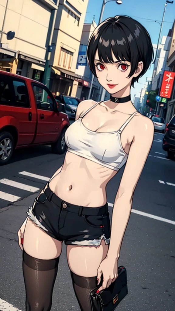 1 girl, red eyes, very Short hair, black choker, lipstick , smile, black hair, tomboy Pixie haircut, shorts, long socks, white bandeau, belly, medium breast, extreme micro shorts, stockings, cowboy shot, sit, street