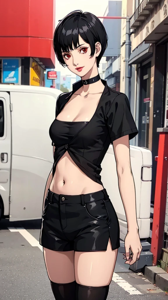 1 girl, red eyes, very Short hair, black choker, lipstick , smile, black hair, tomboy Pixie haircut, shorts, long socks, white bandeau, belly, medium breast, extreme micro shorts, stockings, cowboy shot, streetview