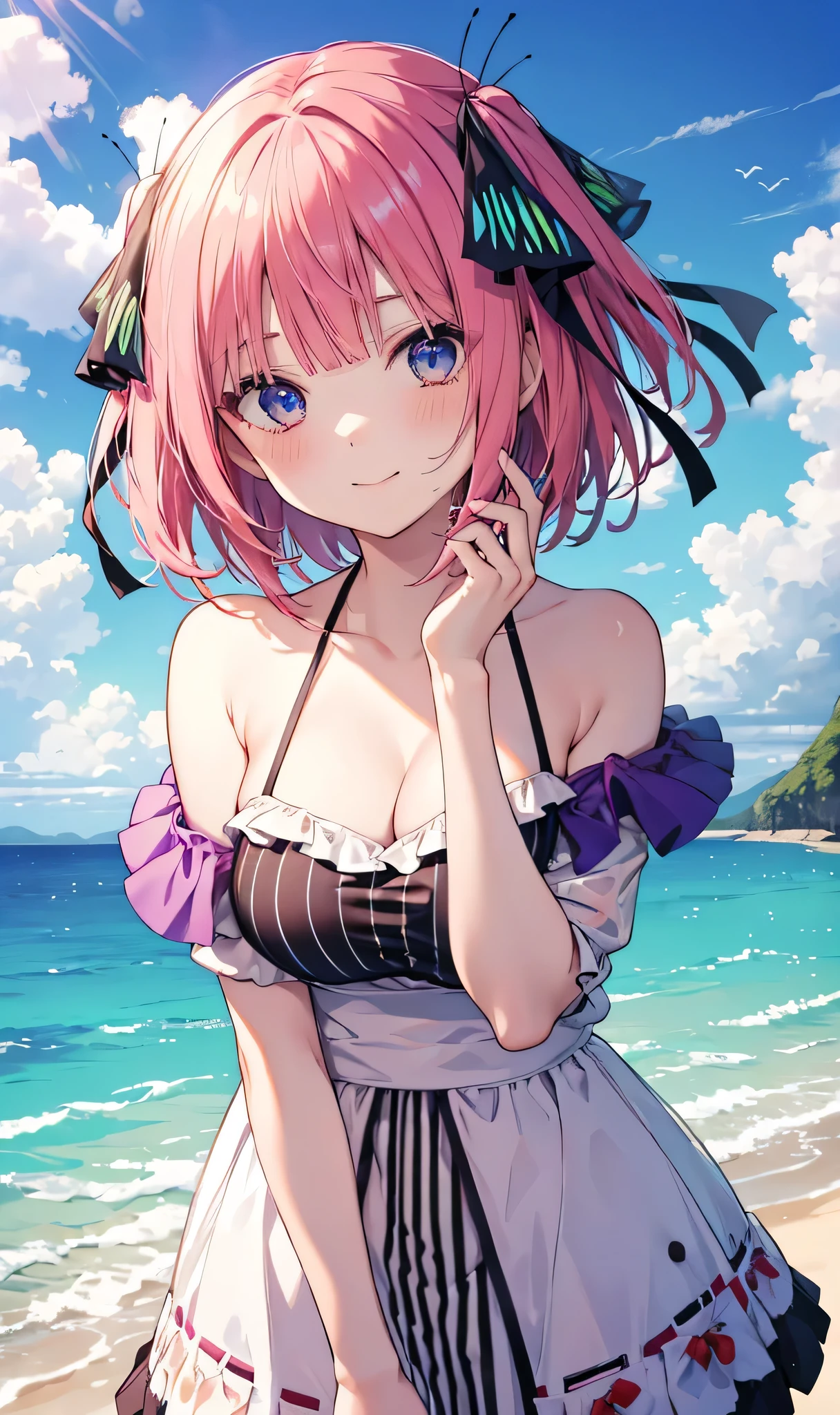 Nino Nakano is a character that appears in the anime "The Quintessential Quintuplets" 「The background is a sunny day at the sandy beach...」The eyes of this character are blue. My hairstyle is a bob cut with shockingpink color. This character is wearing a butterfly hair accessory. Please focus on this character. This character has a very lovely smile.high Quality. .. masterpiece,best quality,ultra detailed, My breast size is D cup. The background is a sunny day at the sandy beach. This character is wearing an off shoulder bikini. The off shoulder bikini has a pattern of purple and black stripes.