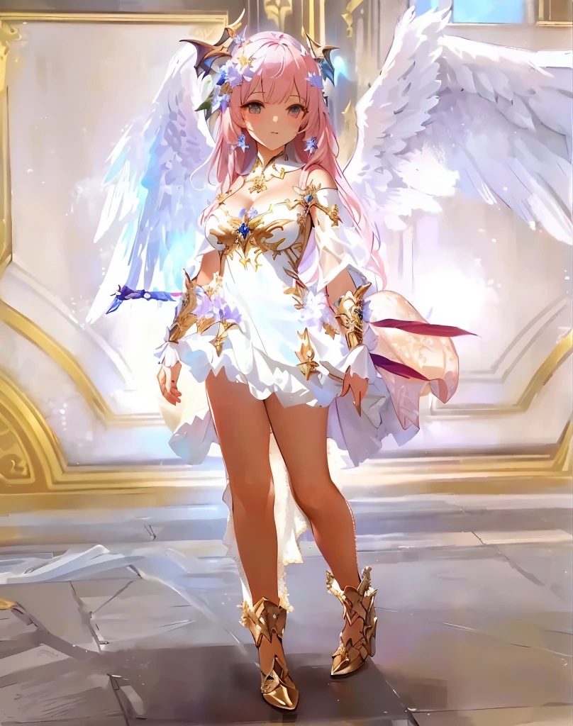 masterpiece:1.2, best quality, detailed and beautiful, there is a woman in a dress with wings on a stage, full - body majestic angel, angel knight girl, fantasy outfit, tall female angel, wearing angel, epic angel wings, aion, wearing angel halo, angelic golden armor, angel in plastic armor, succubus in tight short dress, from lineage 2, high angel distant shot, seraphim, big breasts
