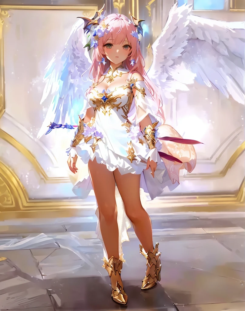 masterpiece:1.2, best quality, detailed and beautiful, very precise detailed, ultra detailed, extremely detailed body, realistic, extremely delicate and beautiful, extremely beautiful detailed anime face and eyes, extremely detailed body, Authentic and detailed face, a close up of a woman in a dress with wings on a platform, full - body majestic angel, epic angel wings, angel knight girl, angel in plastic armor, aion, fantasy outfit, big white glowing wings, glowing angelic being, wearing angel, wearing angel halo, bladed wings lace wear, angelic golden armor, white glowing aura, sleek bright white armor