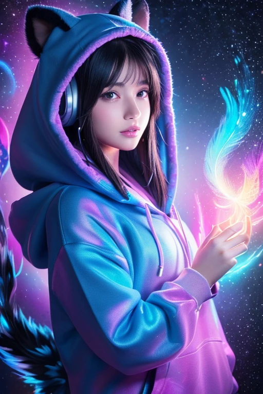 (A beautiful girl with black eyes in a night frame, full of stars, a decorative panel, abstract art, side shot, photorealistic, light pink hair, straight hair, beautiful black hair, glowing white skin, picturesque, sketch, texture, extremely high resolution, alone, beautiful woman, very detailed, fractal art, colorful, floral, most detailed, tangled, dynamic pose, abstract background, glowing skin, many colors, earrings, feather), (A cute chipmunk with fluffy fur wearing a silver blue outfit, including a hoodie and headphones, the background is modern and inorganic, adorable digital painting, 3d rendered, bright lighting, vibrant colors, outside and raining)