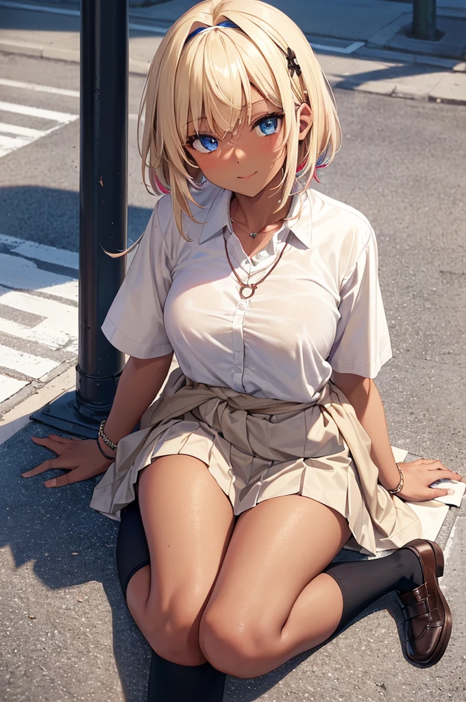 Character Focus、From above(school uniform:1.3), (Plain beige clothing around the waist:1.5), (West knot:1.3), (white collared-shirt:1.4), ((white collar, Unbutton, Short sleeve):1.2), (Red checkered pleated skirt:1.3), ((necklace, Colorful Bracelets, ×Hair accessories):1.2),
Very detailed、(8k, RAW Photos, Highest quality, masterpiece:1.2), (extremely detailed 8k wallpaper),shape、Professional Lighting,Sharp focus, Written boundary depth、
Browsing Caution、Clear Eyes、Perfect Anatomy、With a girl、-yeld st gal(Dark Skin:1.2)、smile、Fully exposed、Lift up your skirt、blue eyes、blonde、(Compensate:1.1)、(Below-the-knee loose socks:1.2)、Sitting in the street、Sitting on the dirty ground