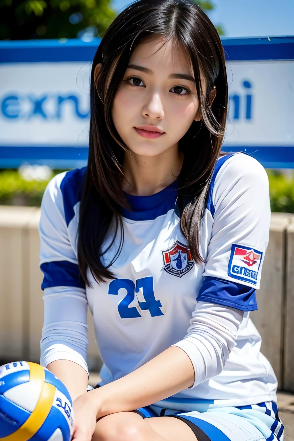 ((Highest quality, masterpiece, Ultra-high resolution, (Realistic:1.4), RAW Photos)),  Esbian all over, One Girl, Famous idols of Japan, ,　Volleyball Uniforms、 View Viewer, Very cute face,  Kind eyes、Very beautiful black hair, Long Bob Hair、Detailed face, Fine grain, Fine hair, A girl with a pure and innocent image,　Laughter、