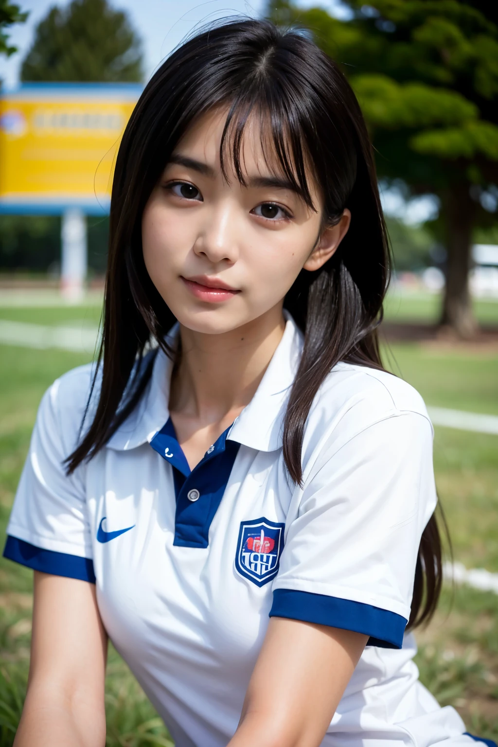 ((Highest quality, masterpiece, Ultra-high resolution, (Realistic:1.4), RAW Photos)), Esbian all over, One Girl, Famous idols of Japan, 17 years old, Volleyball Uniforms、 View Viewer, Very cute face, Kind eyes、Very beautiful black hair, Long Bob Hair、Detailed face, Fine grain, Fine hair, A girl with a pure and innocent image, Laughter、