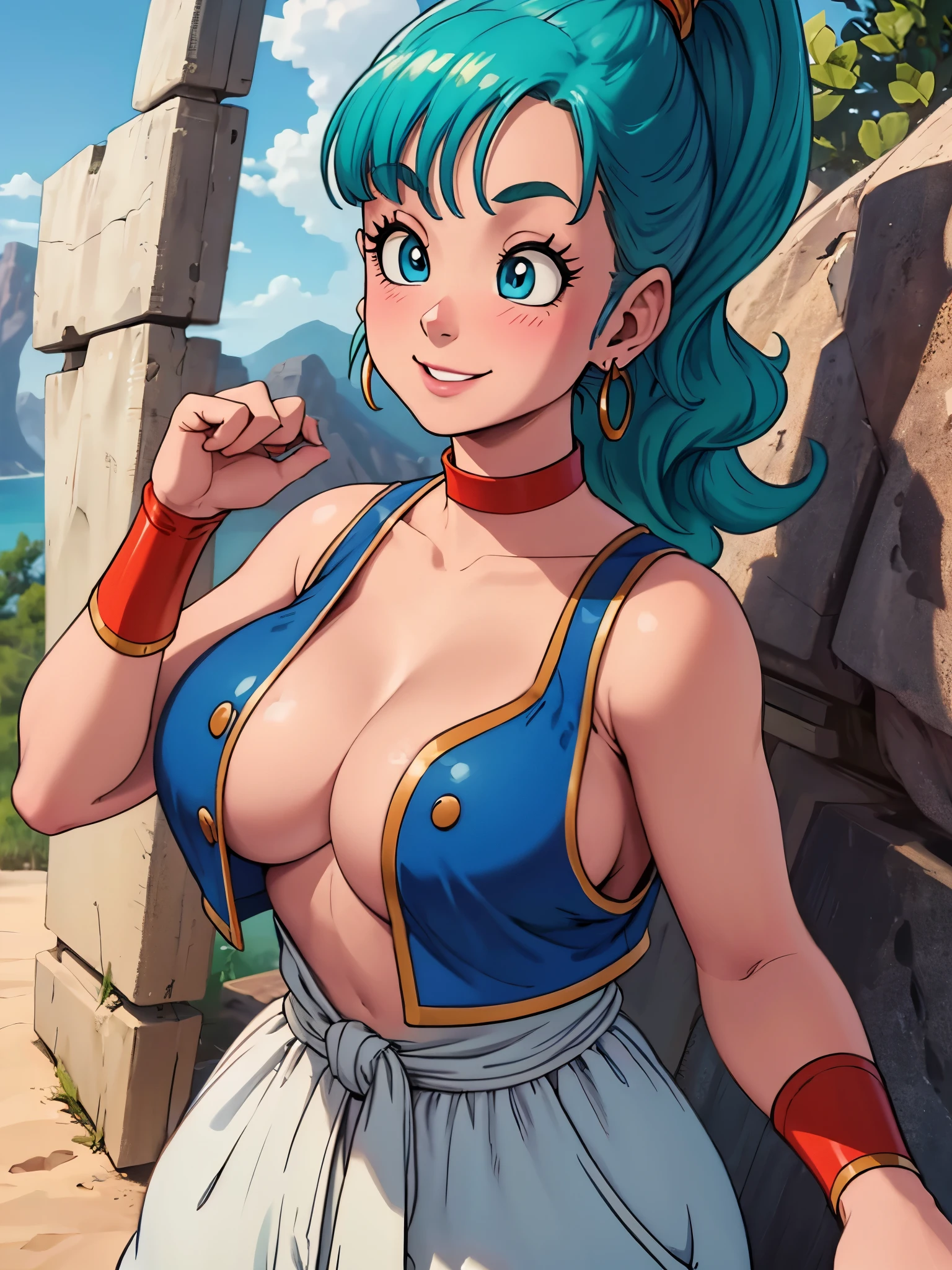 1girl, masterpiece, best_quality:0.5, highres, 4K image, (incredible_details:0.7), absurdes, ((cowboy_angle_shot:0.4)), sharpen image, bulma, 1girl, solo, blue eyes, blue hair, aqua hair, bangs, hair, high ponytail, earrings, lovely smile, blushing, arabian clothes, ((perfect tits in topless, saggy tits)), large areolas, blue vest, white pants, baggy pants, red sash, bare shoulders, sleeveless, yellow choker, wristband, neck ring, perfect tits, perfect body, shining skin, warm sunnyday, outdoors, desert scenery