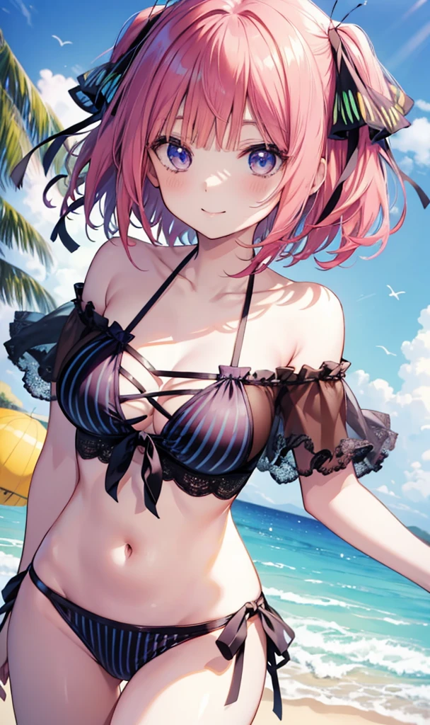 Nino Nakano is a character that appears in the anime "The Quintessential Quintuplets" 「The background is a sunny day at the sandy beach...」The eyes of this character are blue. My hairstyle is a bob cut with shockingpink color. This character is wearing a butterfly hair accessory. Please focus on this character. This character has a very lovely smile.high Quality. .. masterpiece,best quality,ultra detailed, My breast size is D cup. The background is a sunny day at the sandy beach. This character is wearing an off shoulder bikini. The off shoulder bikini has a pattern of purple and black stripes.
