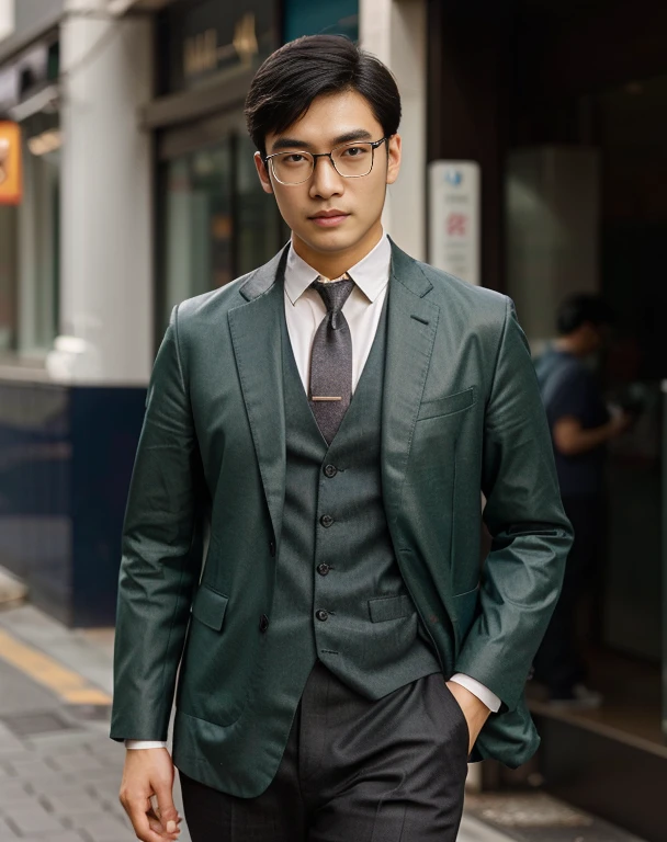 Araaf man wearing clear glass glasses, eyeglasses and a jacket stands on the road., With eyeglasses สวมแว่นตาทรงกลมอันเล็ก, Southeast Asians with round faces, Wear thin, large round glasses., young man with medium - length, With navigator-shaped glasses, With eyeglasses, Inspiration from Zhang Han, A face that is elegantly mellow, wear ray - ban glass, Asian man, Vertical 70 mm