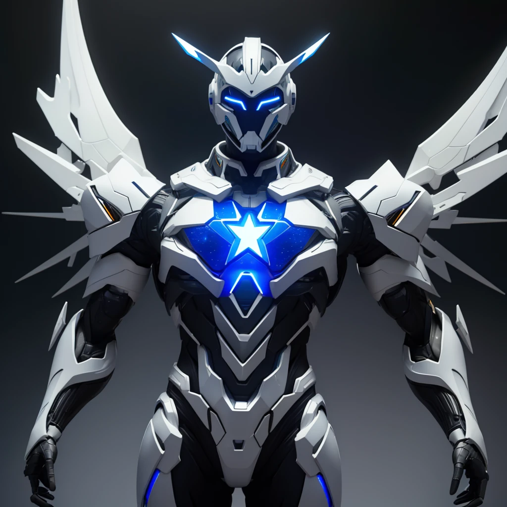 Dronificated unknown man in a fully enclosed white latex fullbody suit with blue lights across the suit and star shaped glowing core in the chest, fully enclosed cyber helmet that cover his whole face and hides his identity with a blue screen that has a white star, muscular, strong, with mechanical wings, flying in the sky, no face, no hair, no mouth, no eyes, (perfect anatomy)