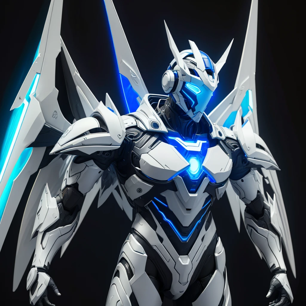 Dronificated unknown man in a fully enclosed white latex fullbody suit with blue lights across the suit and star shaped glowing core in the chest, fully enclosed cyber helmet that cover his whole face and hides his identity with a blue screen that has a white star, muscular, strong, with mechanical wings, flying in the sky, no face, no hair, no mouth, no eyes, (perfect anatomy)