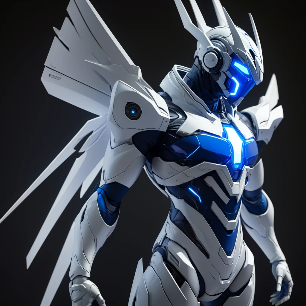 Dronificated unknown man in a fully enclosed white latex fullbody suit with blue lights across the suit and star shaped glowing core in the chest, fully enclosed cyber helmet that cover his whole face and hides his identity with a blue screen that has a white star, muscular, strong, with mechanical wings, flying in the sky, no face, no hair, no mouth, no eyes, (perfect anatomy)