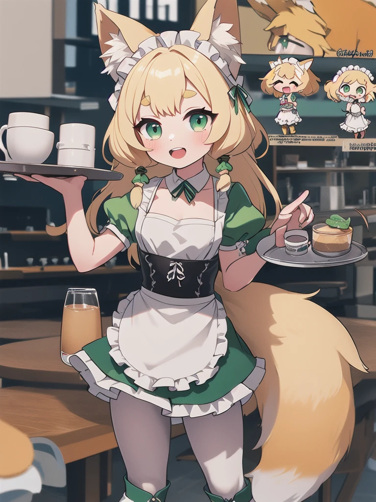 Highest quality, masterpiece,1 Girl,Yellow round eyebrows,Blonde Hair, Big fox ears,Big fox tail, Long green eyes,Green maid apron,White ruffle skirt,Small breasts,Coffee shop,have_Silver round tray,Green round dish on a tray,10 years old,White pantyhose,Green boa boots,((Chibi)),smile,Open your mouth wide,teeth