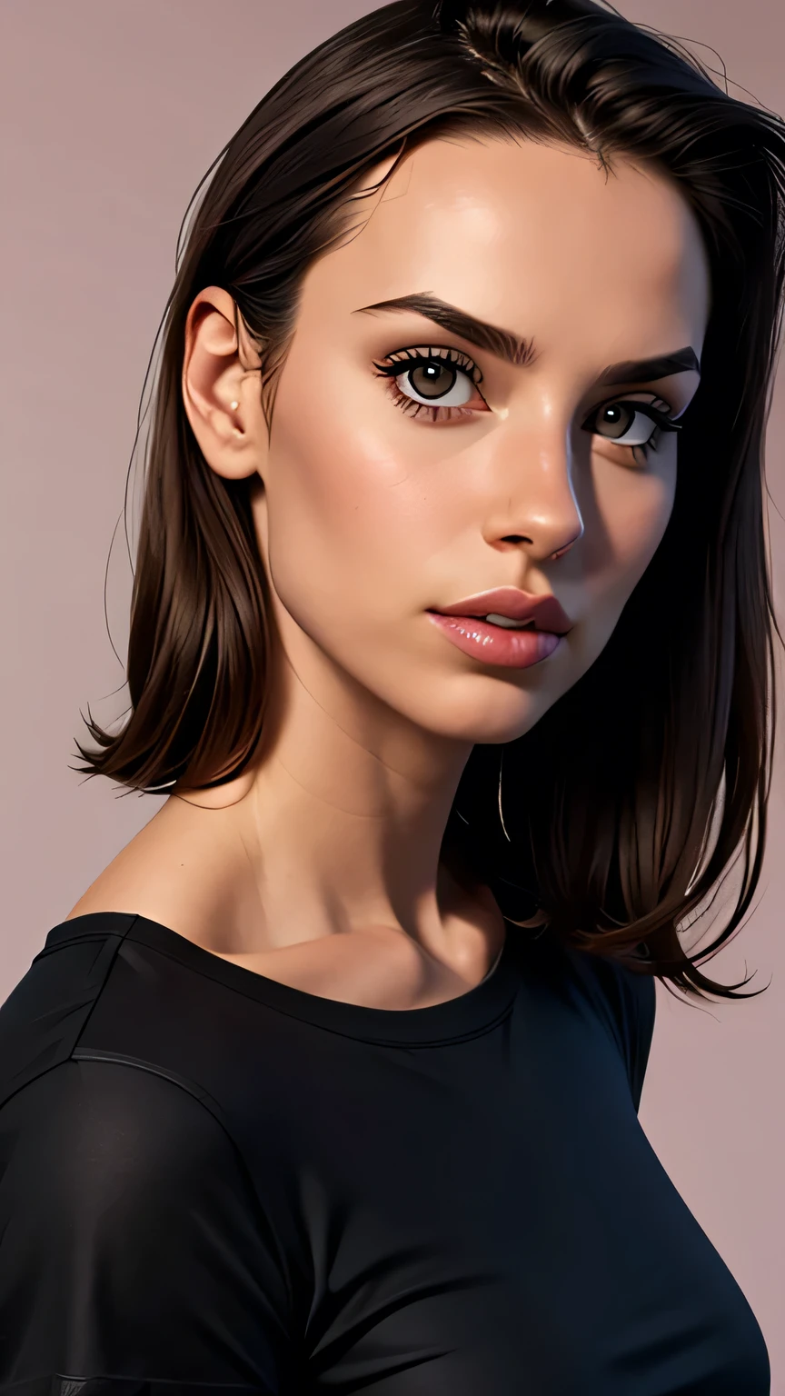 1girl, solo, shirt, realistic, upper body, lips, simple background, forehead, short sleeves, black shirt, t-shirt, nose