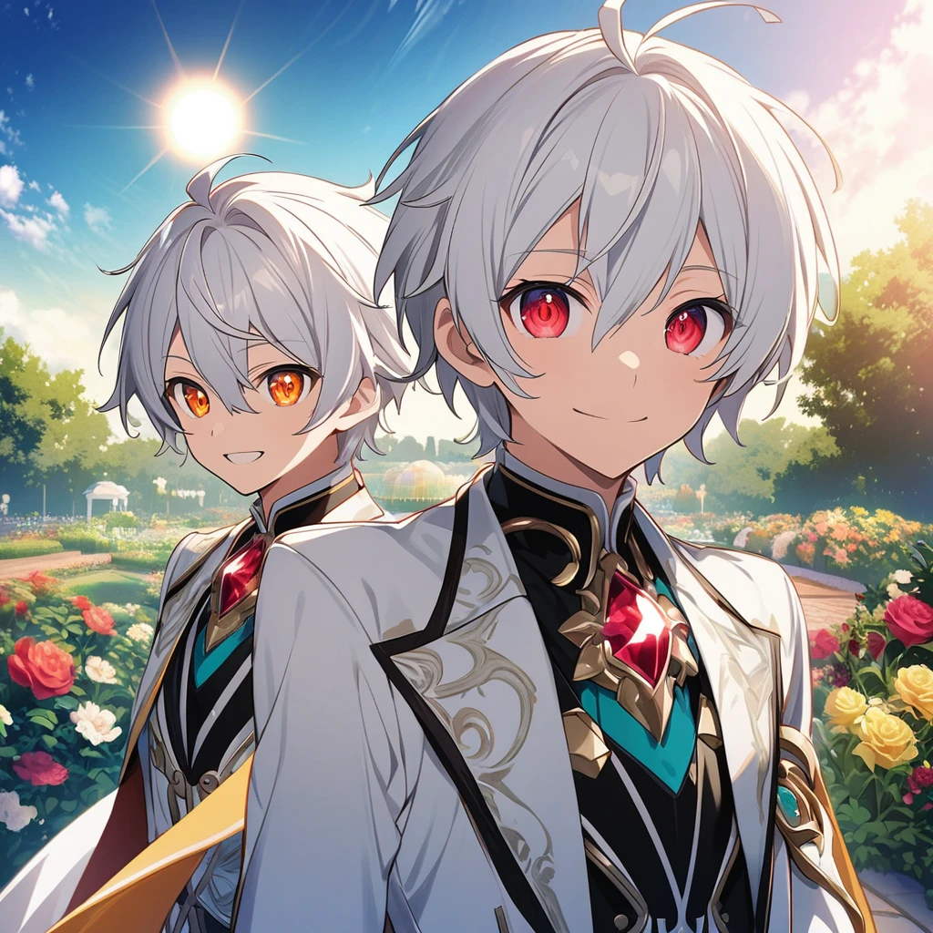 Aether \(AKB0048 Next Stage\), (short hair), (silvery white hair), (bejeweled eyes), (red eyes):1.2, white noble costume, smiling gently, ((ultra-detailed)), ((illustration)), (neat hair)), (beautiful detailed eyes), (male), 1boy, ((garden, sky, sun)), looking at viewer