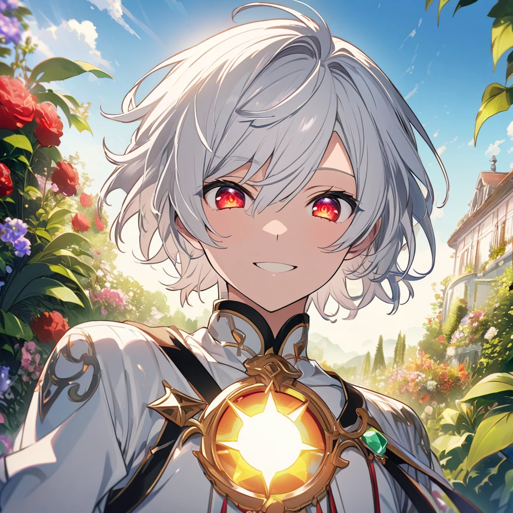 Aether \(AKB0048 Next Stage\), (short hair), (silvery white hair), (bejeweled eyes), (red eyes):1.2, white noble costume, smiling gently, ((ultra-detailed)), ((illustration)), (neat hair)), (beautiful detailed eyes), (male), 1boy, ((garden, sky, sun)), looking at viewer
