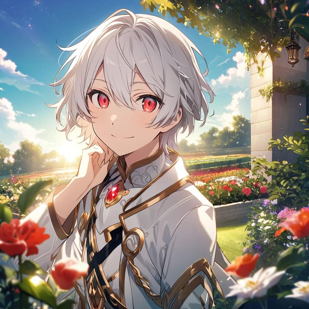 Aether \(AKB0048 Next Stage\), (short hair), (silvery white hair), (bejeweled eyes), (red eyes):1.2, white noble costume, smiling gently, ((ultra-detailed)), ((illustration)), (neat hair)), (beautiful detailed eyes), (male), 1boy, ((garden, sky, sun)), looking at viewer