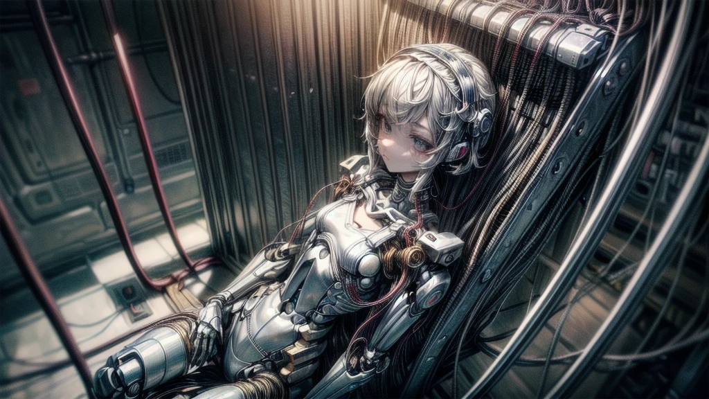 (((masterpiece))), (((Highest quality))), ((Very detailed)), (Highly detailed CG illustrations), ((Very delicate and beautiful)),(Cute and delicate face),Light,((1. Machine Girl)),alone,whole body,(Machine made joints:1.4),((Mechanical Limbs)),(Muscle swelling),(The container is connected to a tube),(Brain in a container:1.3),((Mechanical vertebrae attached to the back)),((Mechanical cervical vertebrae attached to the neck)),((Sitting)),poker face,(Wires and cables attached to head and body:1.5),Small breasts,short hair,(Character Focus),SF,Dark shortcuts,Centering shortcuts,A devastated society,alone,