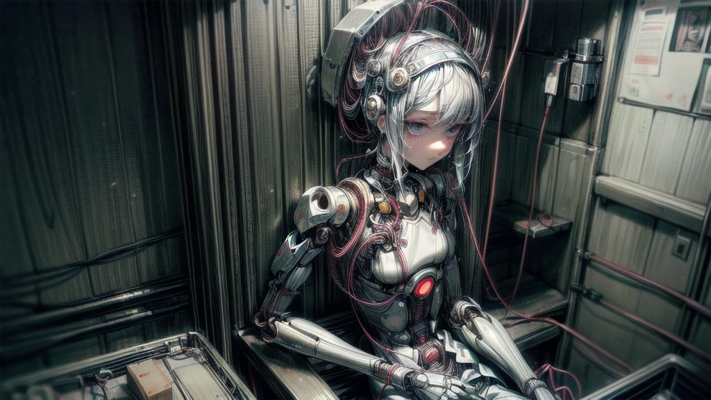 (((masterpiece))), (((Highest quality))), ((Very detailed)), (Highly detailed CG illustrations), ((Very delicate and beautiful)),(Cute and delicate face),Light,((1. Machine Girl)),alone,whole body,(Machine made joints:1.4),((Mechanical Limbs)),(Muscle swelling),(The container is connected to a tube),(Brain in a container:1.3),((Mechanical vertebrae attached to the back)),((Mechanical cervical vertebrae attached to the neck)),((Sitting)),poker face,(Wires and cables attached to head and body:1.5),Small breasts,short hair,(Character Focus),SF,Dark shortcuts,Centering shortcuts,A devastated society,alone,