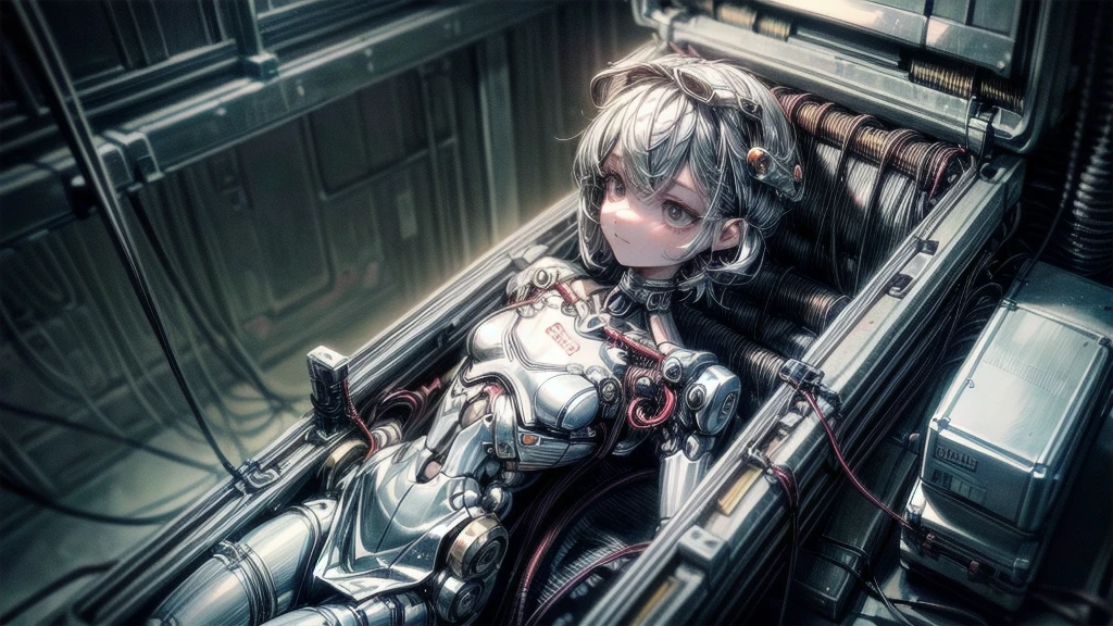 (((masterpiece))), (((Highest quality))), ((Very detailed)), (Highly detailed CG illustrations), ((Very delicate and beautiful)),(Cute and delicate face),Light,((1. Machine Girl)),alone,whole body,(Machine made joints:1.4),((Mechanical Limbs)),(Muscle swelling),(The container is connected to a tube),(Brain in a container:1.3),((Mechanical vertebrae attached to the back)),((Mechanical cervical vertebrae attached to the neck)),((Sitting)),poker face,(Wires and cables attached to head and body:1.5),Small breasts,short hair,(Character Focus),SF,Dark shortcuts,Centering shortcuts,A devastated society,alone,
