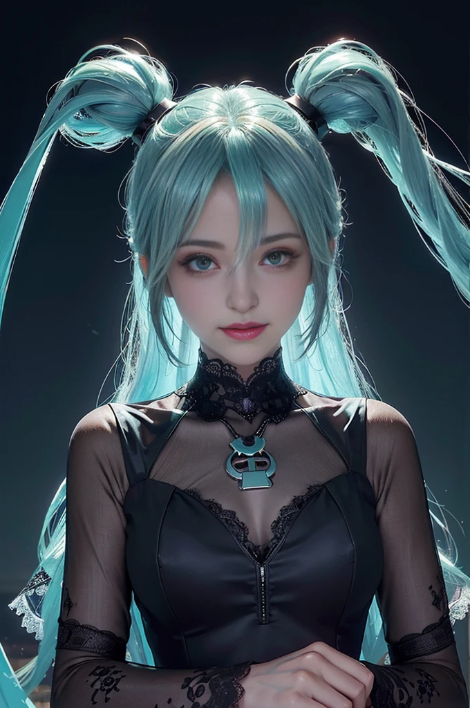 Retrato hiperrealista de mujer por david hockney y alphonse mucha, (((personaje hatsune miku))), (((color de pelo tosca))), ((cara ultra detallada)), labios detallados, tosca eyes color, (((ojos detallados))), (((ojos perfectos))), (((double eyelids))), ((pelo largo de dos colas con pony)), Cuerpo Perfecto, (((perfect anatomy))), collares, piel mojada, by damp, textura de piel muy detallada, (piel realista), double eyelids, (((pechos enormes))), (((sonrisa))), (((vestido largo rojo))), lighting dress, (((Erotic lace dress))), (((medias))), 21 year old girl, mirando la vista, ojos en la vista, (((enfoque frontal))), (en la oscuridad:1.6), (((Ambiente nocturno))), oscuro profundo, fantasy art, (((foto realista))), ((dynamic pose)), (((Pose de modelo mundial))), dynamic lighting, art station, poster, volumetric lighting, 4k, en la oscuridad, (((Ambiente nocturno))), ((sombra profunda)), Clave baja, tiro de vaquero
