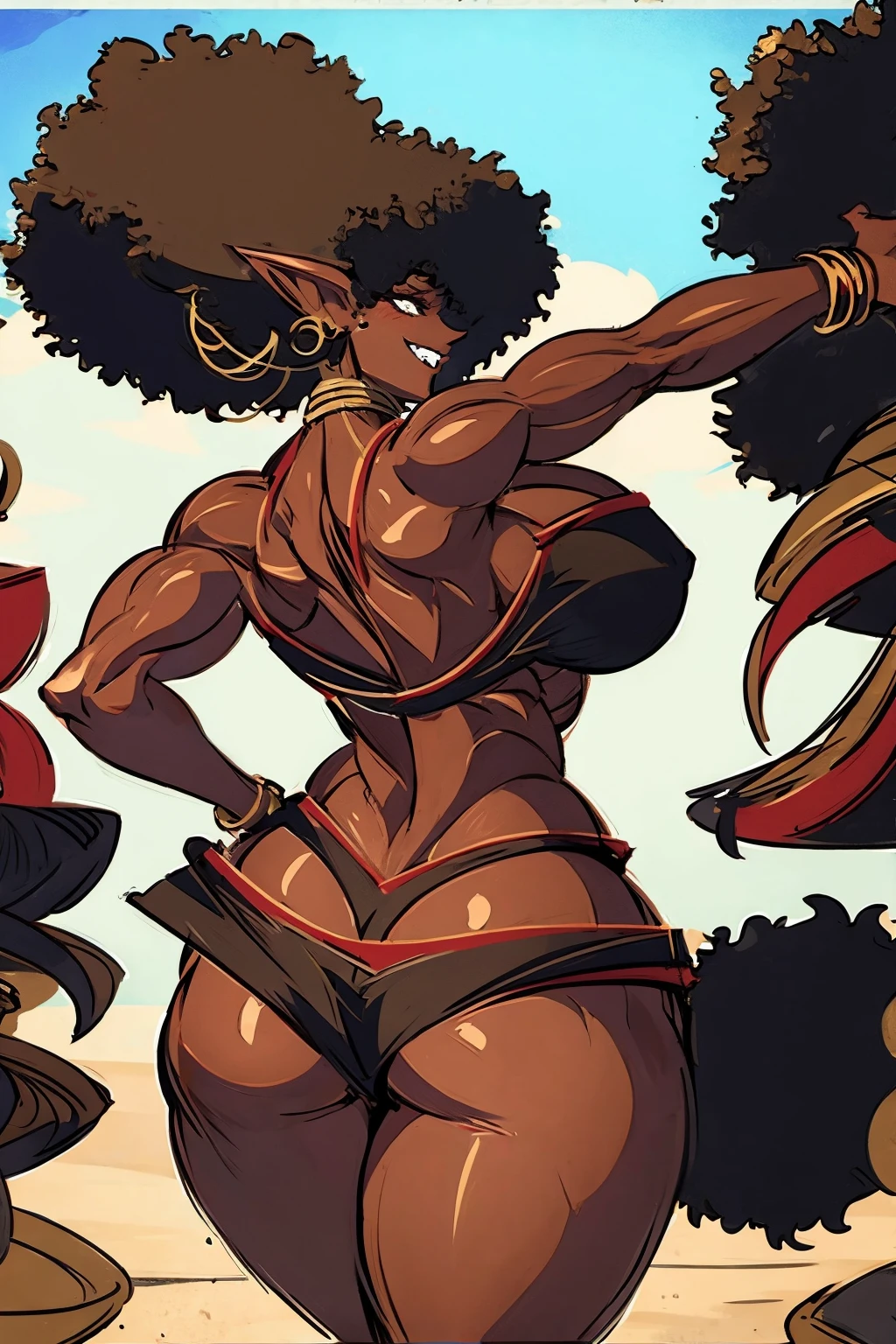 (masterpiece, best quality:1.2),1 girl, voluptuous body, full body, masterpiece, dominant pose, good anatomy, no extra limbs, big ass, thick thighs, black hair, voluminous afro, pointy ears, gold earrings, black top with red details, black skirt with red details, gold necklaces wide hips huge butt rear view