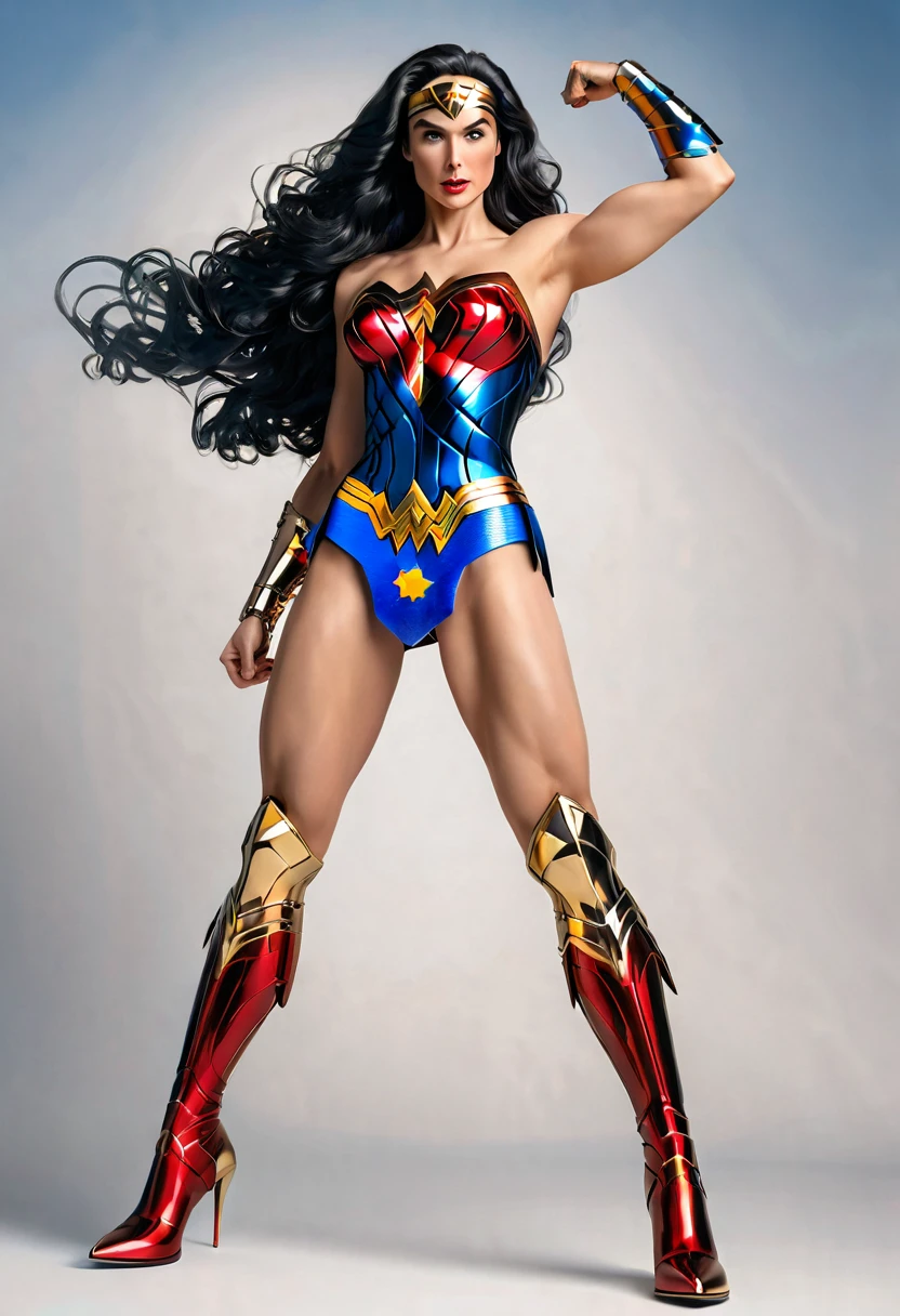 GORGEOUS WONDER WOMAN (DC COMICS), ELEGANT ATHLETIC BODY, 2 FEET TALL WOMAN, RED BLUE COSTUME, GOLD DETAILS, EXPOSED GORGEOUS THIGHS, FLAT RED BOOTS, GOLD GAUNTLETS, HUGE LONG BLACK HAIR, EXPRESSIVE BLUE EYES, HIGH CHEEKBONE, ROSY CHEEKS, STRAPLESS BODYSUIT, FULL BODY PERSPECTIVE, WAR CENARY, MASTERPIECE