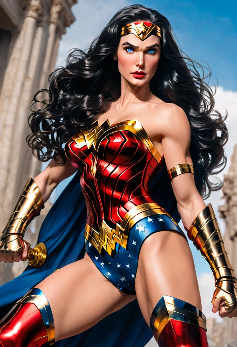 GORGEOUS WONDER WOMAN (DC COMICS), ELEGANT ATHLETIC BODY, 2 FEET TALL WOMAN, RED BLUE COSTUME, GOLD DETAILS, EXPOSED GORGEOUS THIGHS, FLAT RED BOOTS, GOLD GAUNTLETS, HUGE LONG BLACK HAIR, EXPRESSIVE BLUE EYES, HIGH CHEEKBONE, ROSY CHEEKS, STRAPLESS BODYSUIT, FULL BODY PERSPECTIVE, WAR CENARY, MASTERPIECE