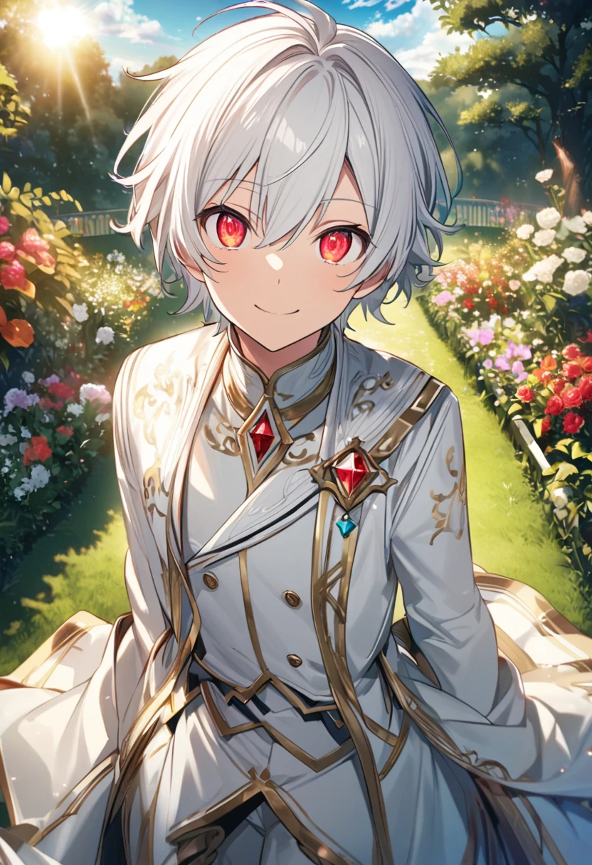 Aether \(AKB0048 Next Stage\), (short hair), (silvery white hair), (bejeweled eyes), (red eyes):1.2, white noble costume, smiling gently, ((ultra-detailed)), ((illustration)), (neat hair)), (beautiful detailed eyes), (male), 1boy, ((garden, sky, sun)), looking at viewer