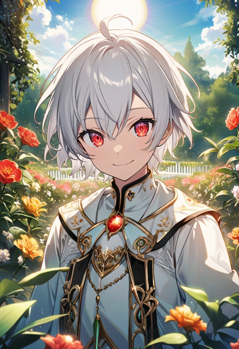 Aether \(AKB0048 Next Stage\), (short hair), (silvery white hair), (bejeweled eyes), (red eyes):1.2, white noble costume, smiling gently, ((ultra-detailed)), ((illustration)), (neat hair)), (beautiful detailed eyes), (male), 1boy, ((garden, sky, sun)), looking at viewer