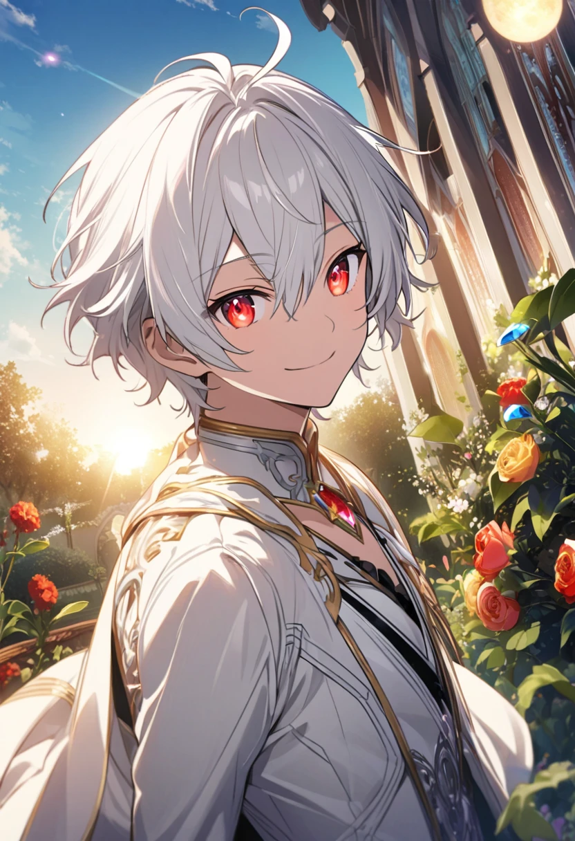 Aether \(AKB0048 Next Stage\), (short hair), (silvery white hair), (bejeweled eyes), (red eyes):1.2, white noble costume, smiling gently, ((ultra-detailed)), ((illustration)), (neat hair)), (beautiful detailed eyes), (male), 1boy, ((garden, sky, sun)), looking at viewer