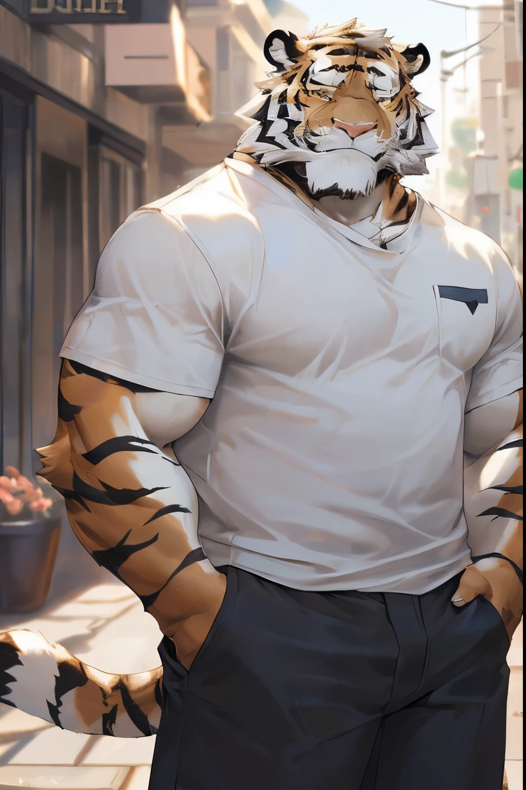 hairy,((tiger,White short sleeve,White shorts)),fur,White short hair,male,Common,full-body shot,(((Golden Eyes))),(((Mature))),(((Hands in pockets))),(((Smile))),(((greet))),Full body details ,Mature,Strong body,detailed city background,(((lifelike))) ,(((masterpiece))),(((Very detailed))),lifelike