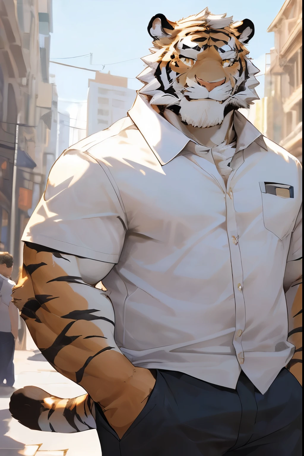 hairy,((tiger,White short sleeve,White shorts)),fur,White short hair,male,Common,full-body shot,(((Golden Eyes))),(((Mature))),(((Hands in pockets))),(((Smile))),(((greet))),Full body details ,Mature,Strong body,detailed city background,(((lifelike))) ,(((masterpiece))),(((Very detailed))),lifelike