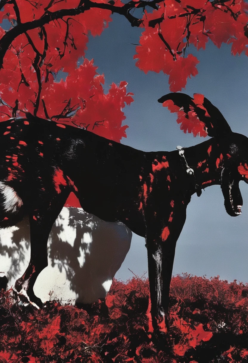 red and black color theme, dog in front of sunshine