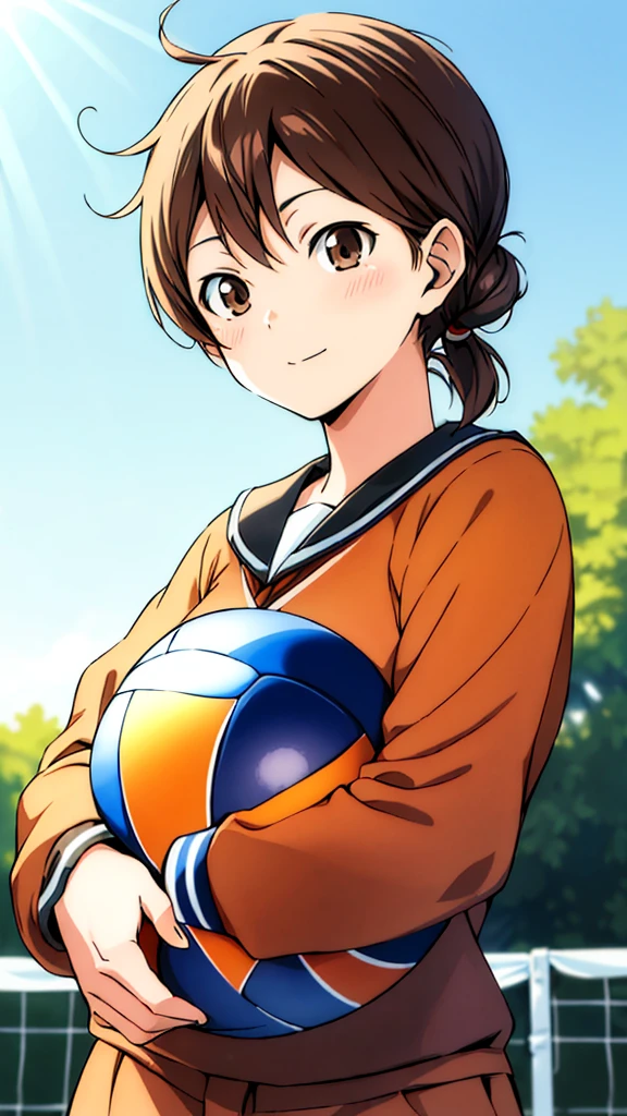 high res, masterpiece, akane yamamoto, lila hair, alone, 1girl, female, volleyball ball in her hands, outside,blue sky, woods, detailed brown eyes, wearing a black Japanese uniform 