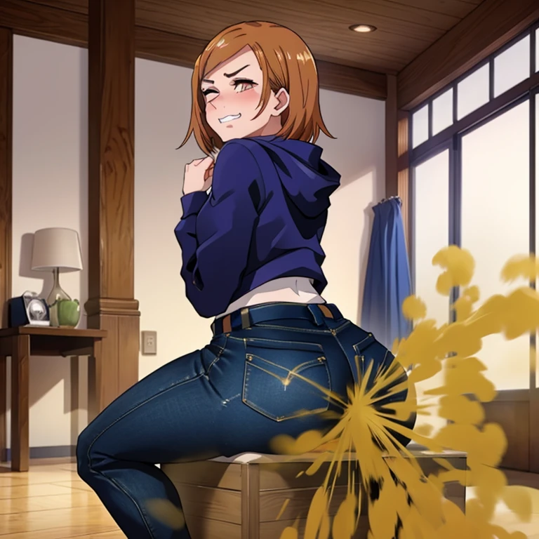 HD, high quality, high resolution, ultrahd, Nobara Kugisaki, 1female, wearing default outfit, dark blue hoodie, white pants, default hair, brown hair, very tall body, thin body, massive fart, yellow smoke, velocity, closed eyes, forcing, struggling, struggle face, blush leaning, viewing ass, embarrassed, smiling, clenching teeth, alone in a room, beautiful lighting, highlights