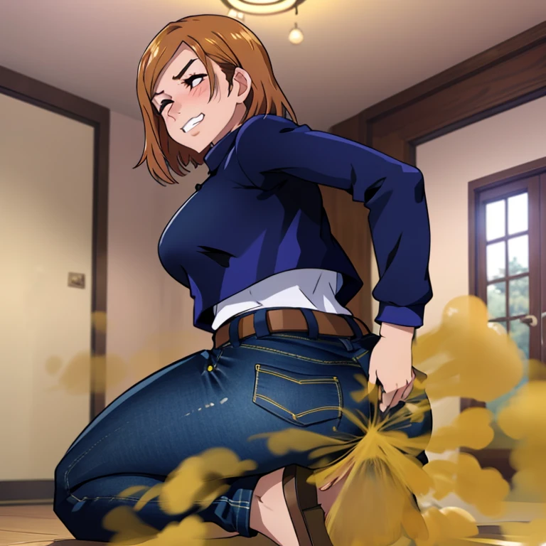 HD, high quality, high resolution, ultrahd, Nobara Kugisaki, 1female, wearing default outfit, dark blue hoodie, white pants, default hair, brown hair, very tall body, thin body, massive fart, yellow smoke, velocity, closed eyes, forcing, struggling, struggle face, blush leaning, viewing ass, embarrassed, smiling, clenching teeth, alone in a room, beautiful lighting, highlights