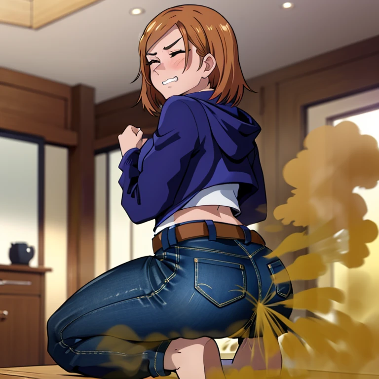 HD, high quality, high resolution, ultrahd, Nobara Kugisaki, 1female, wearing default outfit, dark blue hoodie, white pants, default hair, brown hair, very tall body, thin body, massive fart, yellow smoke, velocity, closed eyes, forcing, struggling, struggle face, blush leaning, viewing ass, embarrassed, smiling, clenching teeth, alone in a room, beautiful lighting, highlights