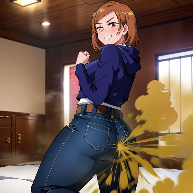 HD, high quality, high resolution, ultrahd, Nobara Kugisaki, 1female, wearing default outfit, dark blue hoodie, white pants, default hair, brown hair, very tall body, thin body, massive fart, yellow smoke, velocity, 1 eye closed, 1 eye opened, forcing, struggling, struggle face, blush leaning, viewing ass, embarrassed, smiling, clenching teeth, alone in a room, beautiful lighting, highlights