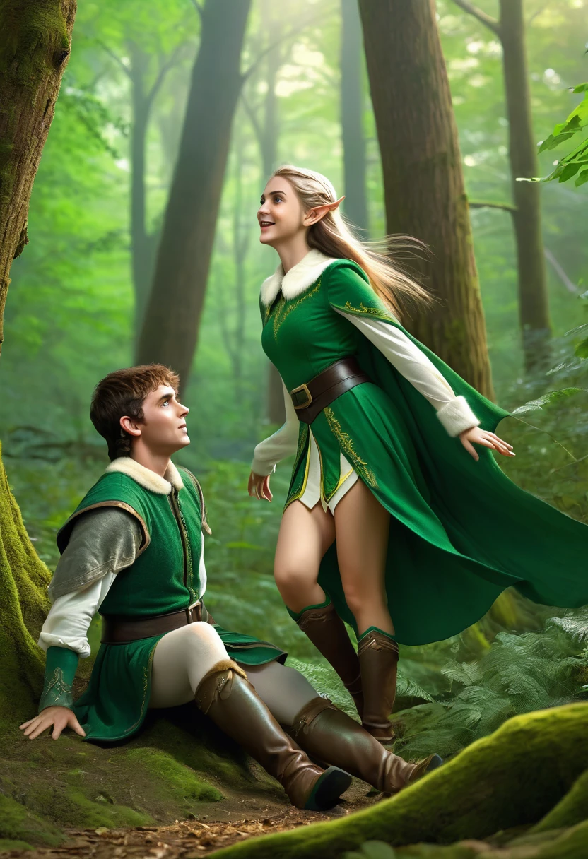 warrior girl that is posing proudly while she looks an elf boy at the forest surprising that elf boy that falls to the ground cause the impression, dynamic composition, masterpiece, digital art