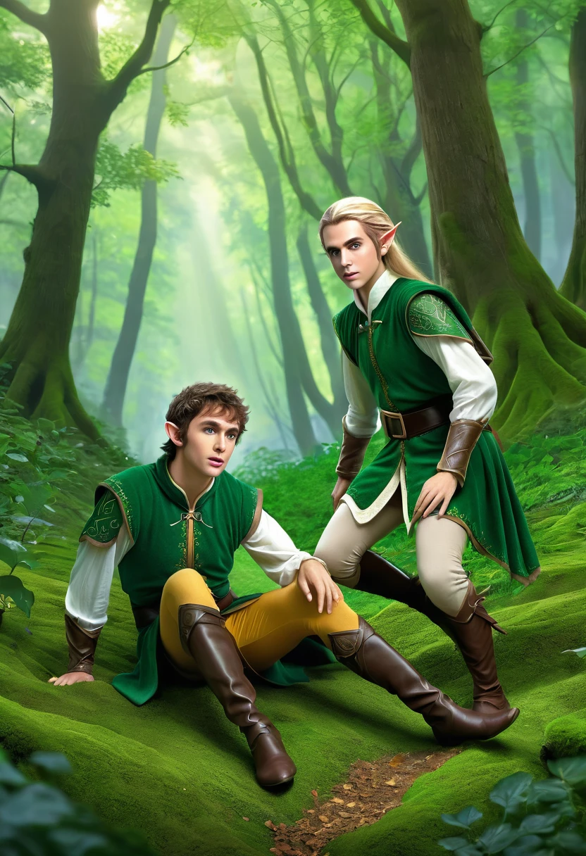 warrior girl that is posing proudly while she looks an elf boy at the forest surprising that elf boy that falls to the ground cause the impression, dynamic composition, masterpiece, digital art