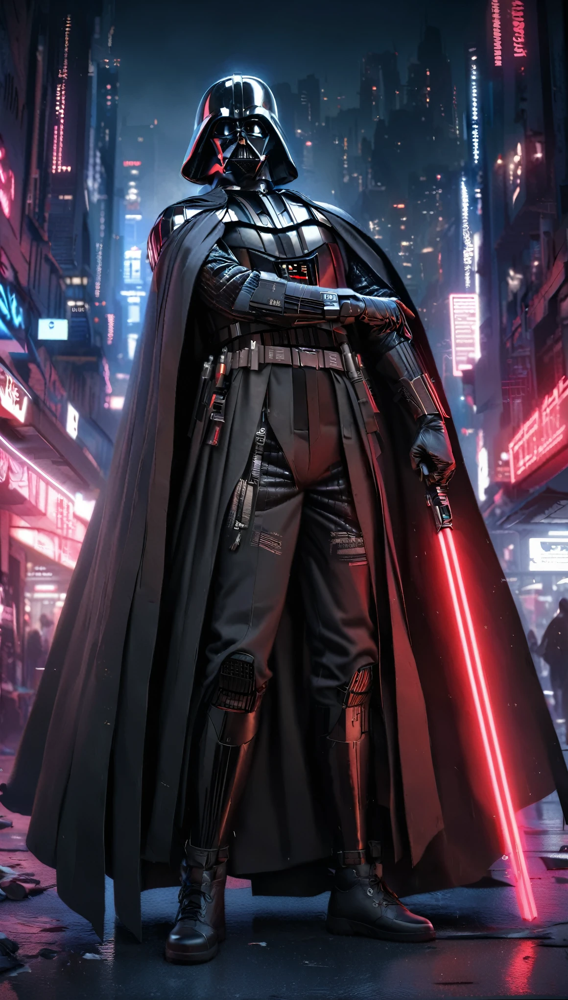 1boy,darth vader ,solo, Cyberpunk Style, (neon:1.2),masterpiece, intricate, highly detailed, majestic, digital photography, hdr, detailed cyberpunk background,bold eclectic styles, punk elements , holographic prints, metallic accents, man in Black_outfit,hood, hood_up, darth vader helmet,(cape:1.2),armor, shoulder armor, (denim:1.2), star wars, (night time),futuristic city,city street with neon signs and buildings on both sides of it at night time, holding  red light saber, broken arm, ,(photo, studio lighting, hard light, sony a7, 50 mm, matte skin, pores, colors, hyperdetailed, hyperrealistic),