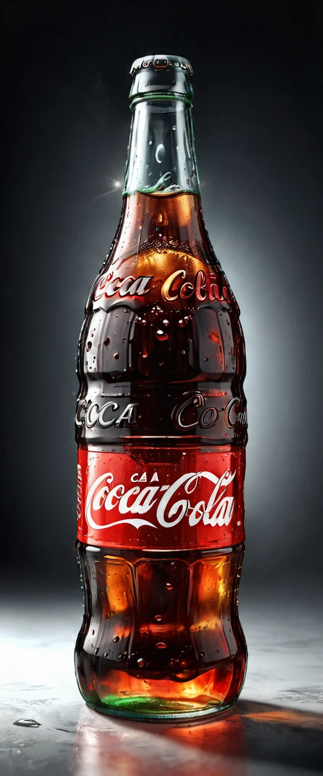a large glass coca-cola bottle, photorealistic, 3d render, highly detailed, studio lighting, glossy surface, dynamic reflections, glass material, cold refreshing drink, condensation, ice cubes, vibrant colors, dramatic shadows, cinematic composition, (best quality,8k,highres,masterpiece:1.2),ultra-detailed,(realistic,photorealistic,photo-realistic:1.37)