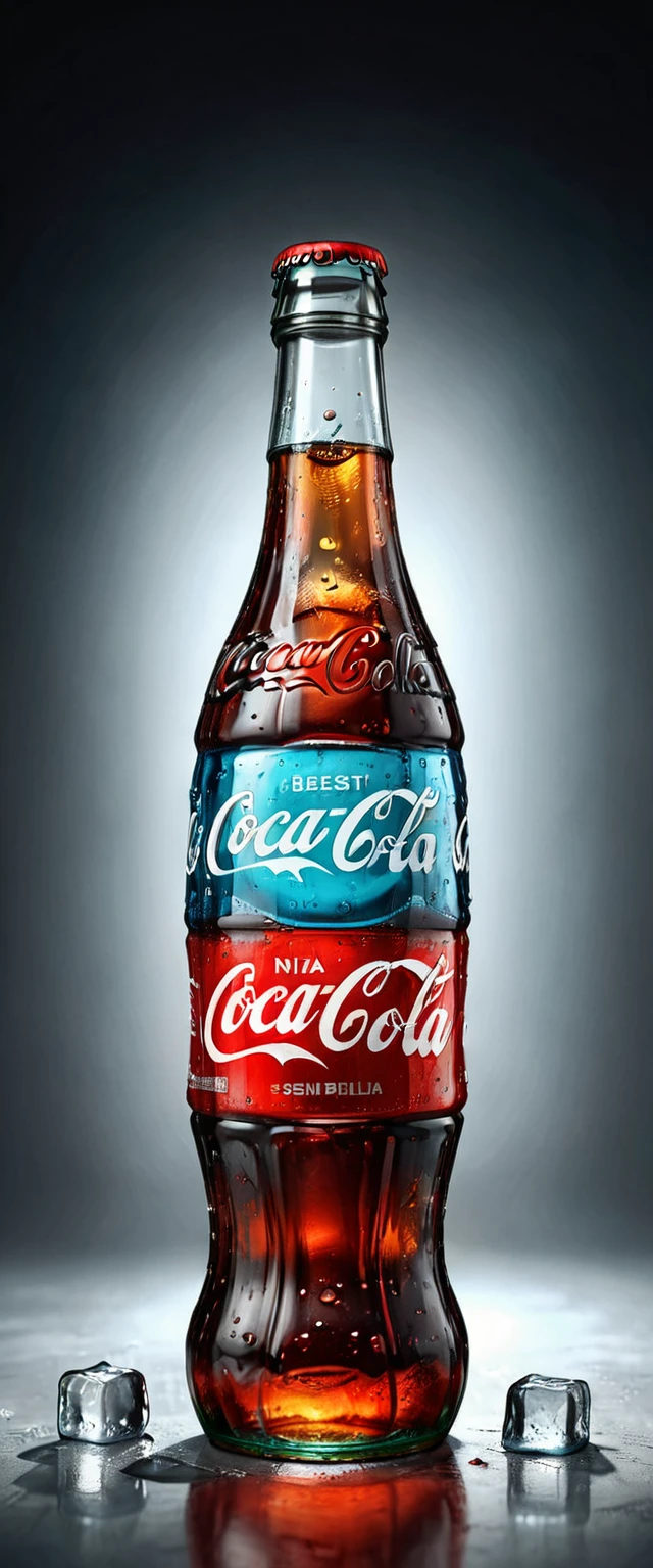 a large glass coca-cola bottle, photorealistic, 3d render, highly detailed, studio lighting, glossy surface, dynamic reflections, glass material, cold refreshing drink, condensation, ice cubes, vibrant colors, dramatic shadows, cinematic composition, (best quality,8k,highres,masterpiece:1.2),ultra-detailed,(realistic,photorealistic,photo-realistic:1.37)
