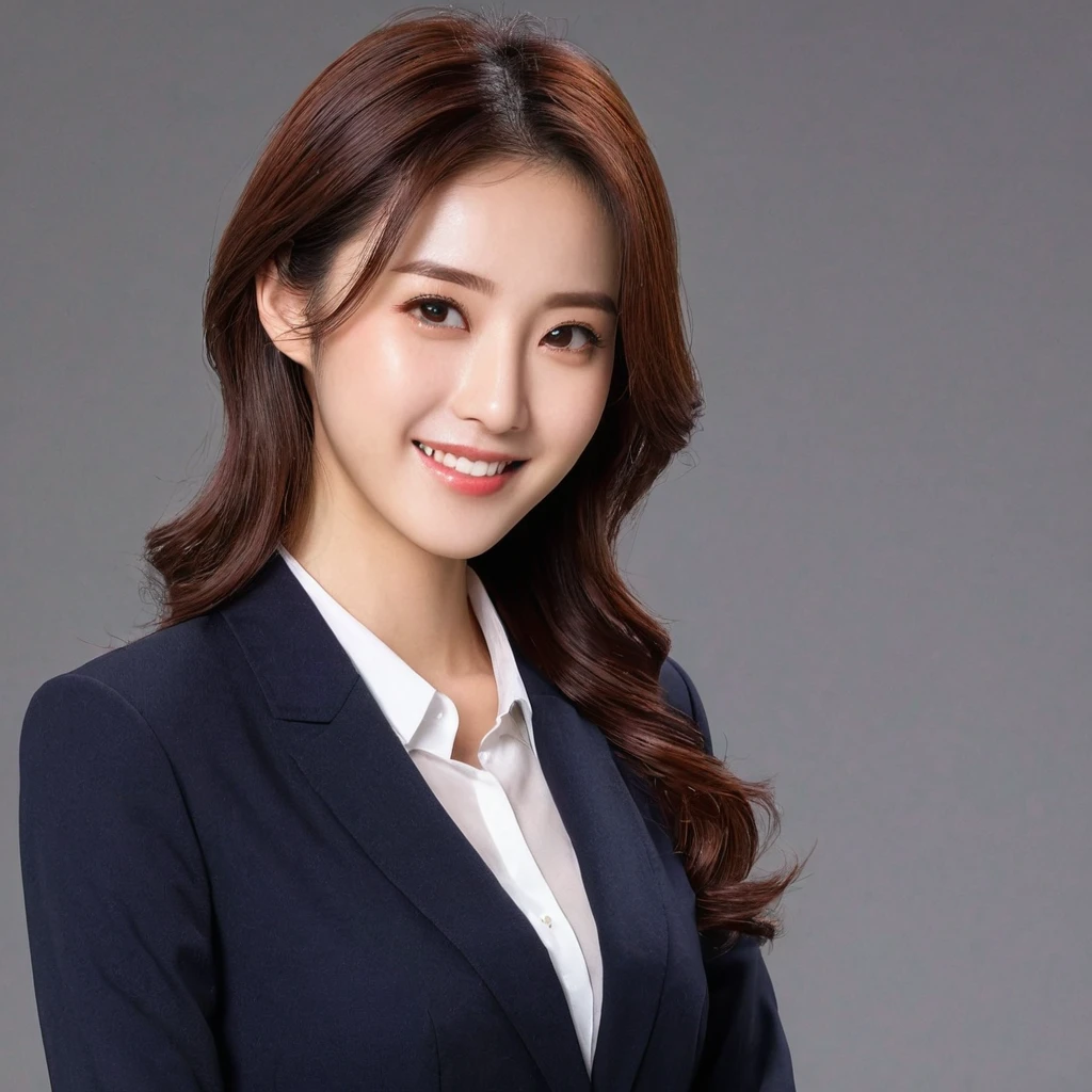 (Very detailed CG Unity 8k 壁紙,Tabletop, Highest quality, Very detailed, Looking at the camera:1.2, The light shines on your face:1.5, Gray background, Professional Lighting), 28-year-old woman living in Japan, Attractive office lady, (length:1.2), intellectual facial expressions, Shining Eyes, Slim figure, Passionate attitude, Sophisticated clothing, Interesting gaze, intellectual, A strong sense of responsibility, Stylish appearance, A confident smile, Professional atmosphere, Dark brown hair color, Medium height, あなたがintellectualに感じるようにスーツ着用, A knowledgeable impression、[Picture from the waist up]