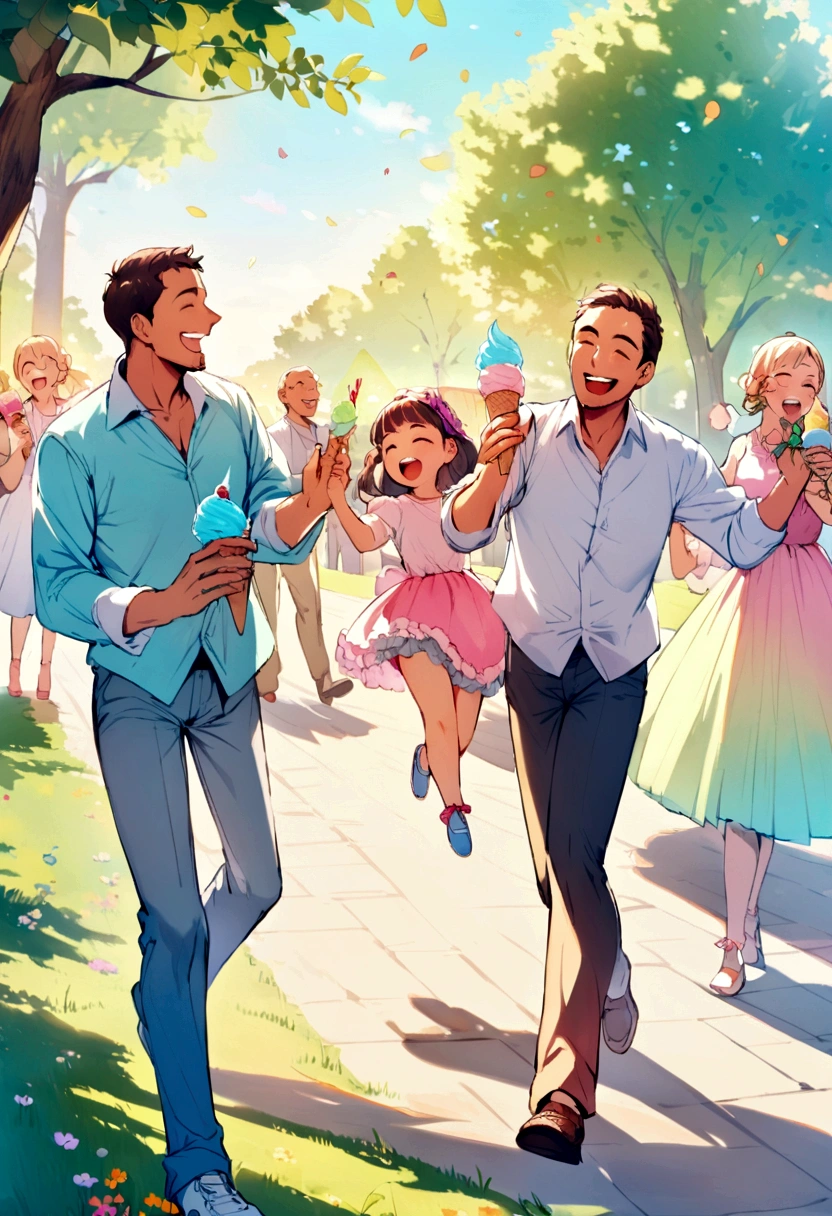 A happy dad walking with a  in a park eating ice cream and dancing happily with lots of colors during the day 