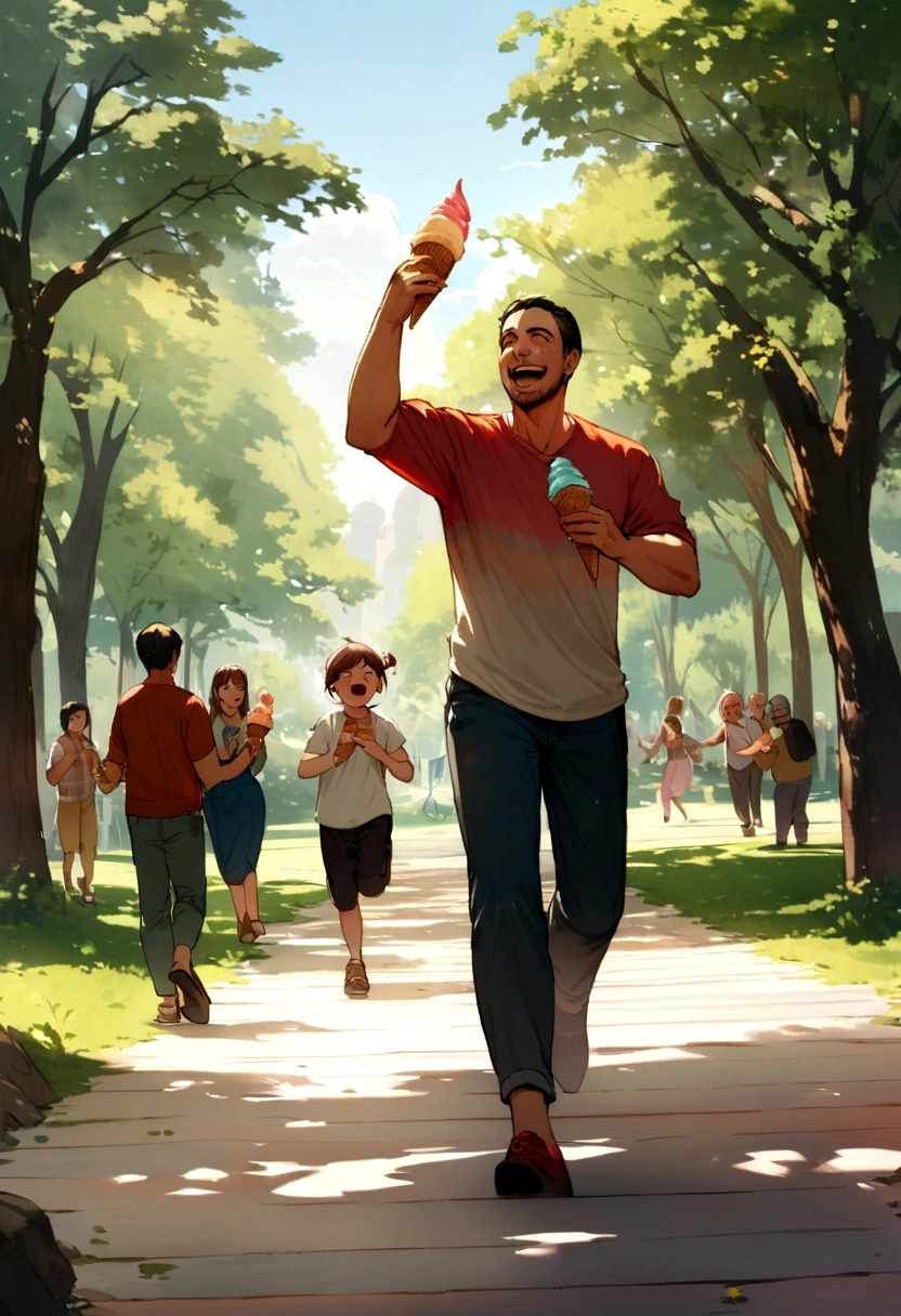 A happy dad walking with a  in a park eating ice cream and dancing happily with lots of colors during the day 